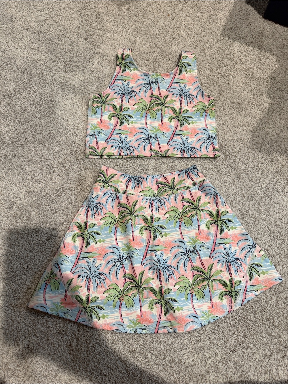 Girls Tropical Palm Crop Top & Skater Skort Set - Pink, Blue & Green - Athletic